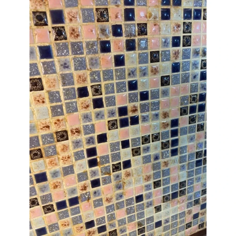 Vintage Mid Century Modern Mosaic Tile Wood Serving Tray Brass Handles Vered
